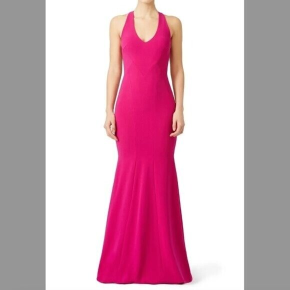 Theia Size 12 Fucia Smooth Mermaid Gown Dress Sleeveless Pink V-Neck $795 - Picture 8 of 8